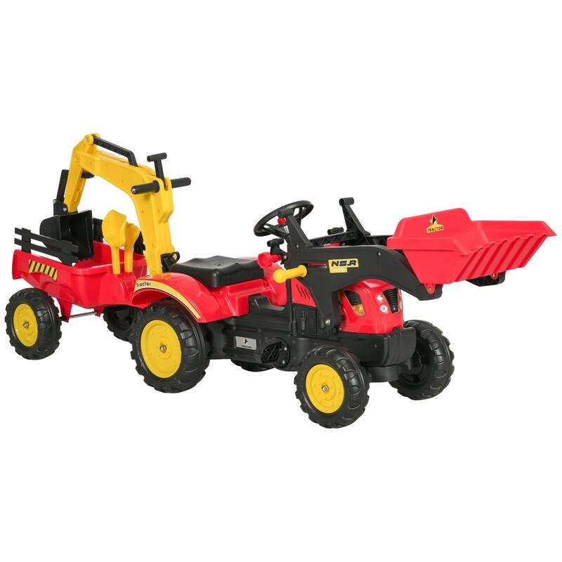 Kids Pedal Excavator Digger Ride On Car with Detachable Cargo Trailer and 6 Durable Wheels, Authentic Construction Toy