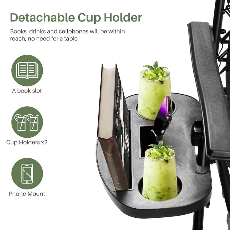 Set of 2 Folding Reclining Lounge Chair, Outdoor Zero Gravity Recliner W/Side Tray & Detachable Headrest Pillow