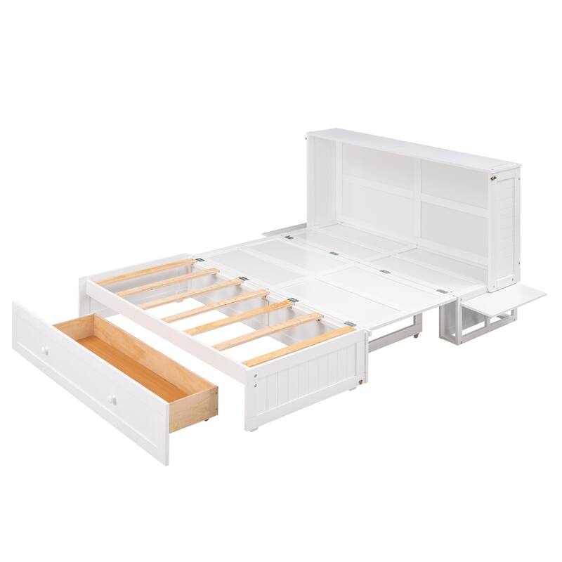Queen Solid Pine Murphy Bed with Storage Drawer and Shelves