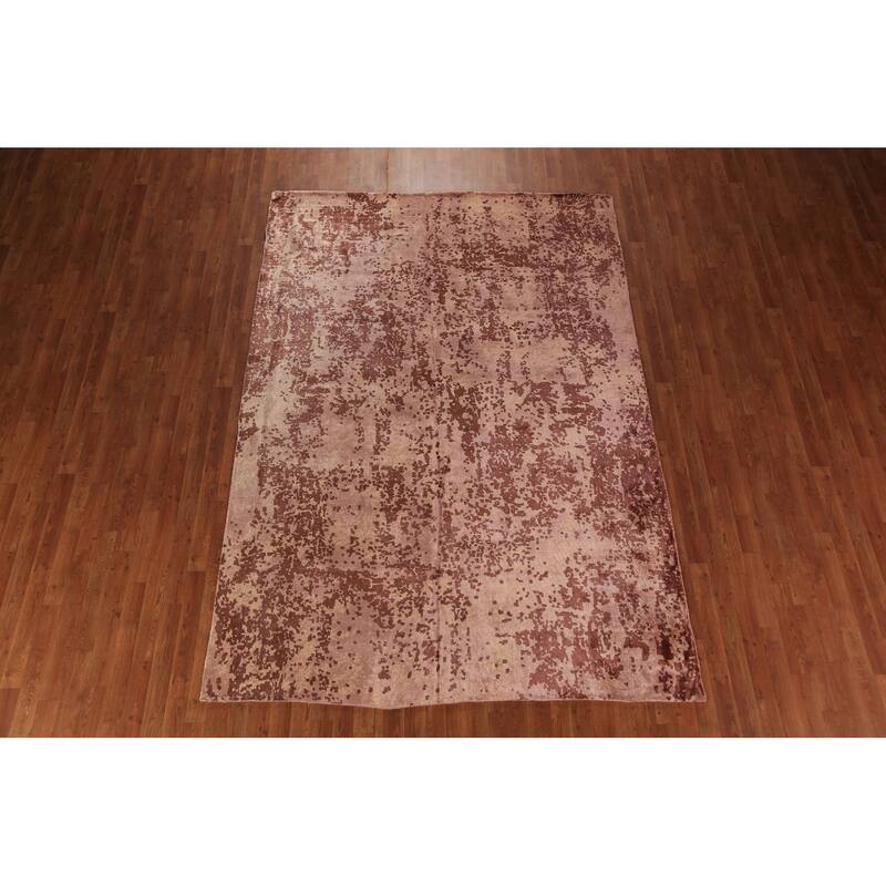 Contemporary Abstract Indian Area Rug Handmade Brown Wool Carpet - 6'8"x 9'10"