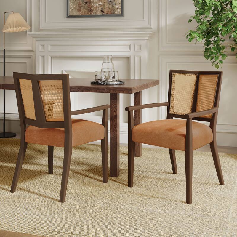 Mid-Century Modern Dining Chair with Rattan Back(Set of 2) - Caramel+Walnut-with Armrest