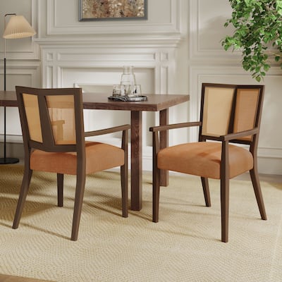 Set of 2 Modern Wooden Arm Dining Chairs with Rattan Backrest, Upholstered Fabric Seat, Rubberwood Frame