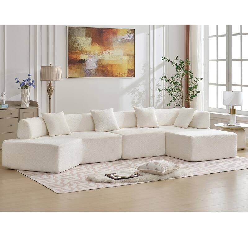 White 140" Oversized Boucle Upholstered L-Shaped Modular Sectional Sofa, 3-piece Free Combination, No Assembly Required
