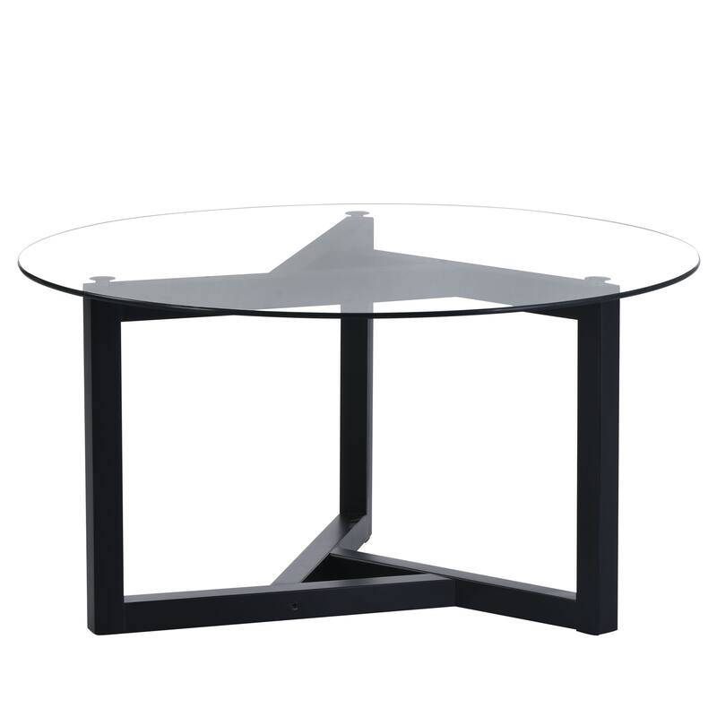 Modern Round Coffee Table, 35" Glass Round Coffee Table, Easy Assembly Tempered Glass Coffee Table w/ Wood Frame for Living Room