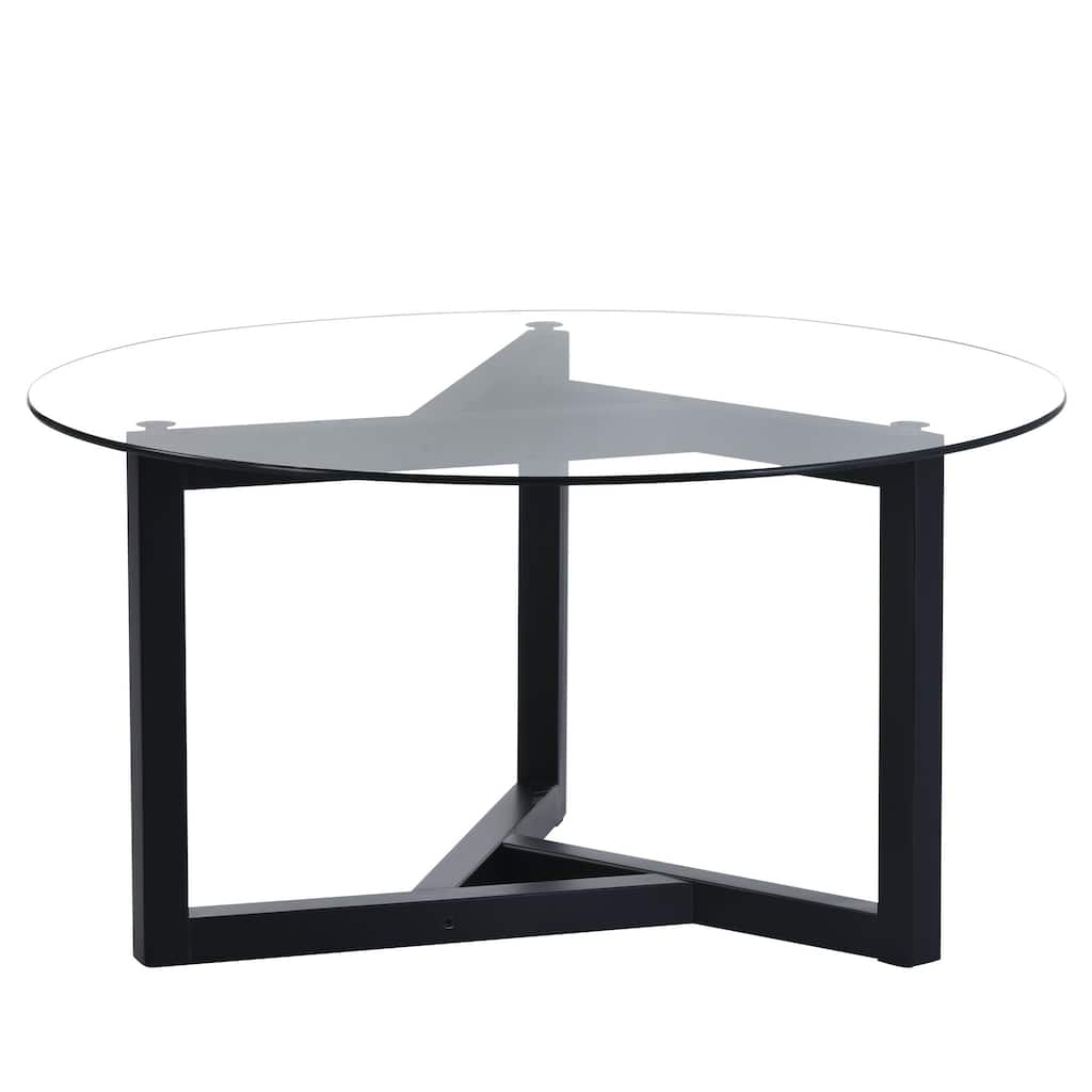 Round Glass Coffee Table with Tempered Glass Top and Wood Base - 35.43" W × 35.43" D × 17.72" H