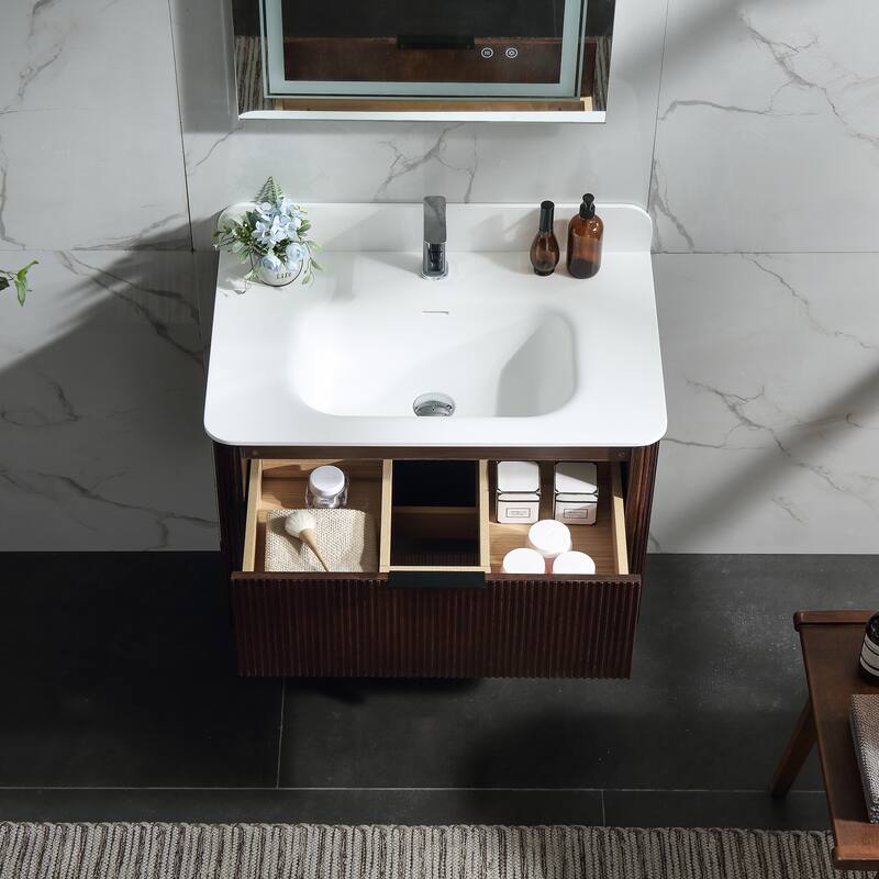 Modland Fluted Floating Vanity with Sink, Plywood Wall Mount Cabinet, Curved Edge, 24/30/36 Inch