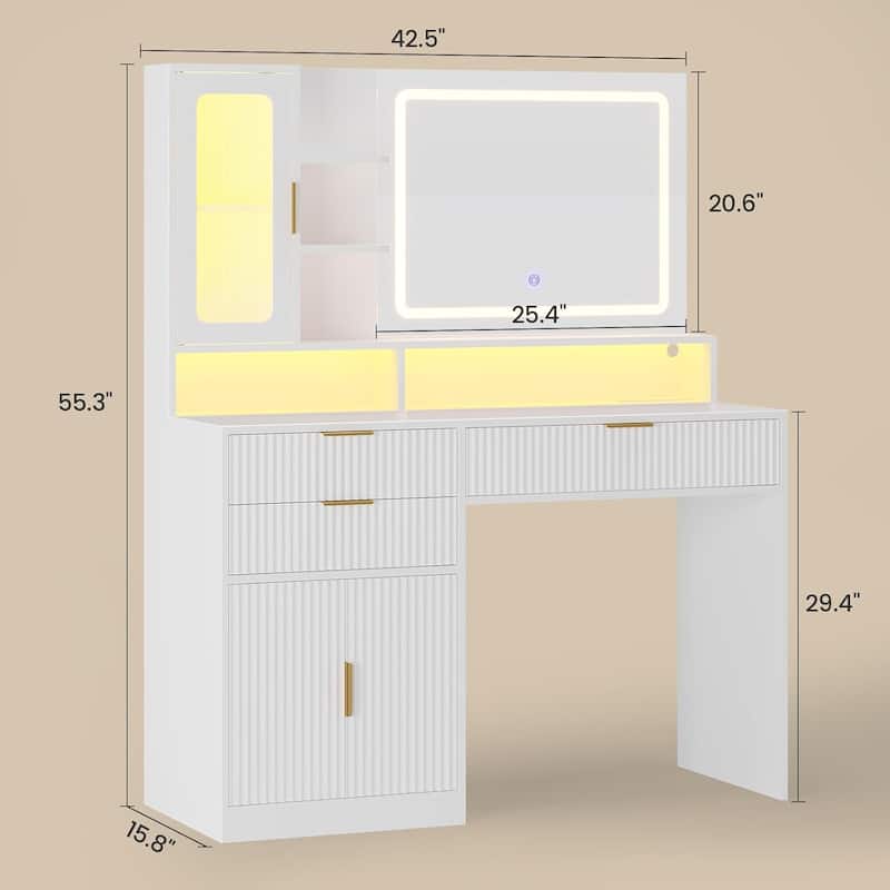 Makeup Vanity Desk Mirror LED Lights Charging Station RGB Lights Drawers Cabinet