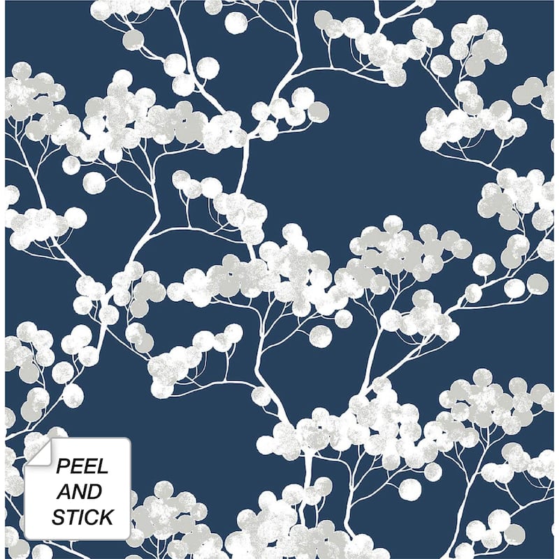 NextWall Cyprus Blossom Peel and Stick Removable Wallpaper - 20.5 in. W x 18 ft. L - Navy Blue & Grey