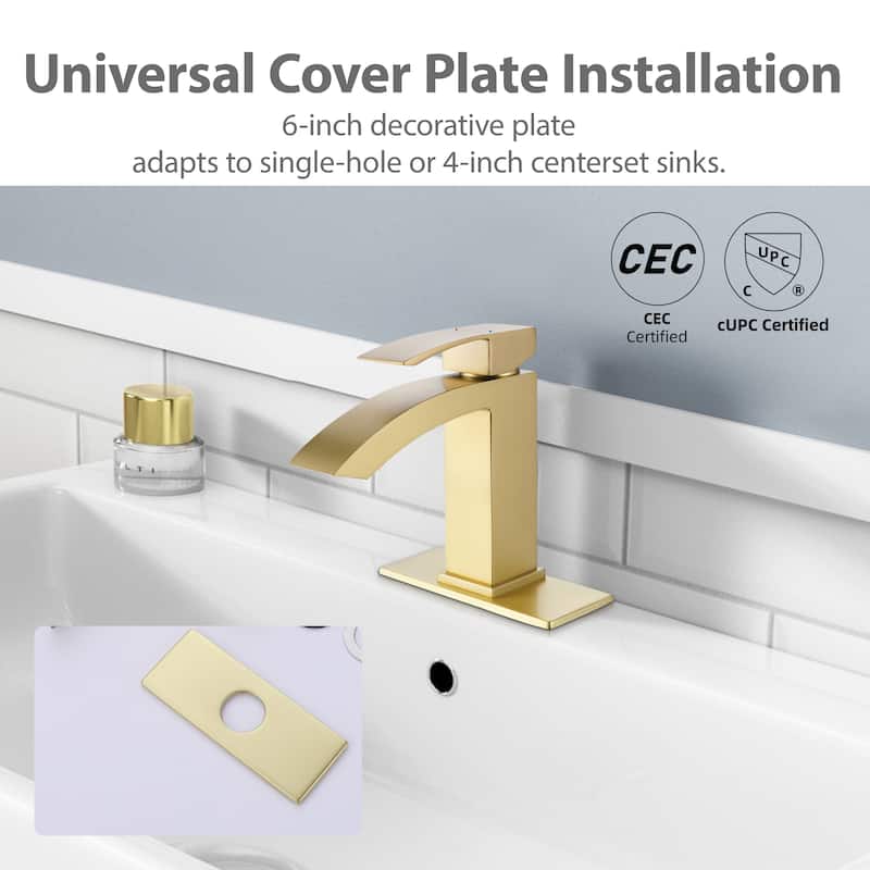 Modland Waterfall Bathroom Faucet Single Hole, CEC/CUPC Certified, with Cover Plate (Brushed Gold/Matte Black)