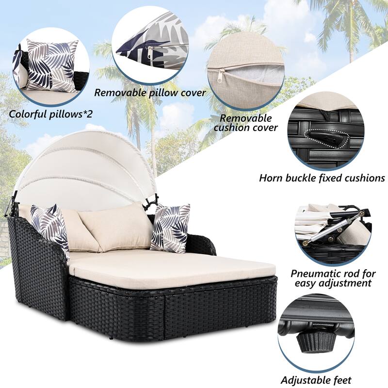79.9" Outdoor Patio PE Rattan Daybed Sunbed with Adjustable Canopy