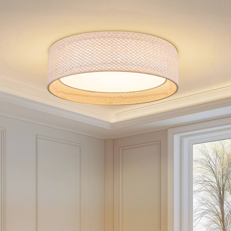 Hand-Woven Rattan Drum Flush Mount Ceiling Light