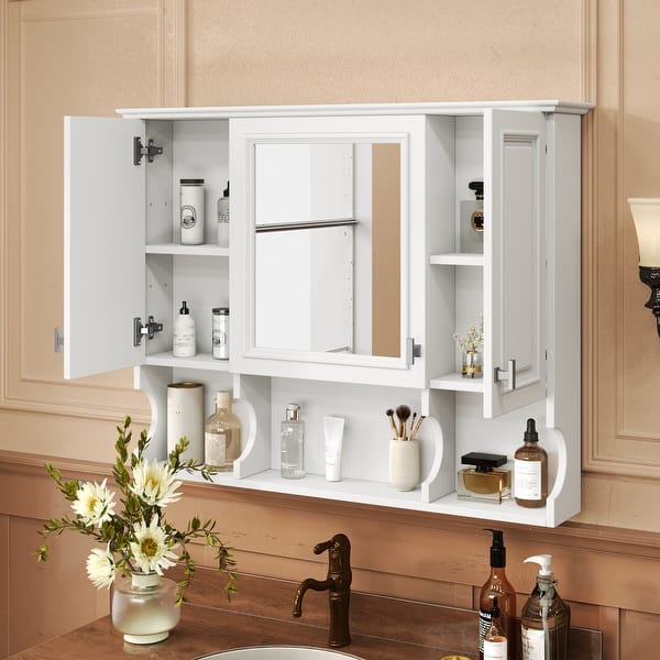 Unbranded 35 in. W x 28.7 in. H Rectangular Surface Mount Blue Bathroom Medicine Cabinet with Mirror with Open Shelves
