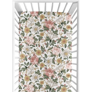 Vintage Floral Boho Collection Girl Cotton Fitted Crib Sheet - Blush Pink Yellow Green White Shabby Chic Rose Flower Farmhouse