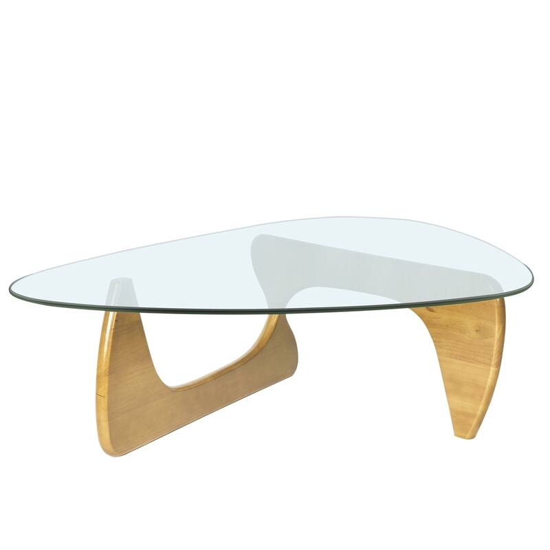Triangle Glass Coffee Table with Solid Wood Base for Living Room