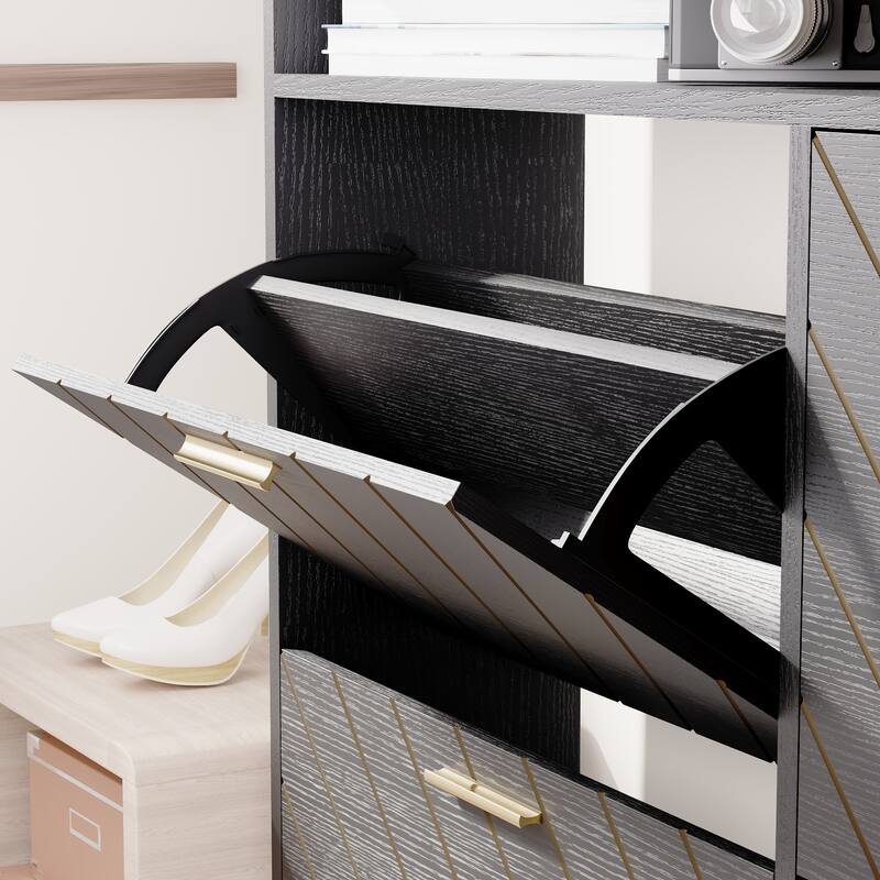 Freestanding Shoe Cabinet with 4 Flip Drawers, Hidden Narrow Shoe Rack with Open Storage, Shoe Storage Cabinet for Entryway