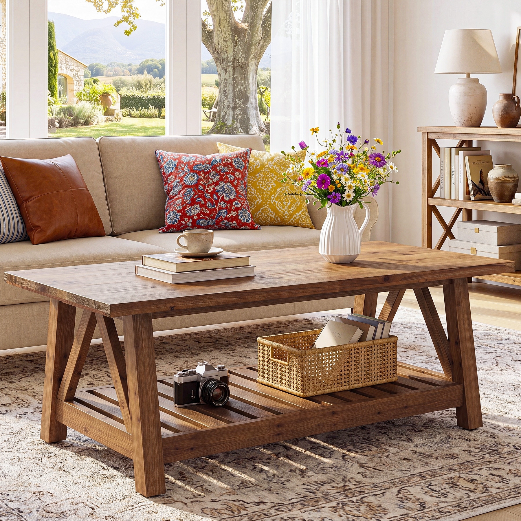 47.24" Farmhouse Solid Wood Coffee Table with 2-Tier Storage - 47.24" L x 23.62" W x 17.72" H