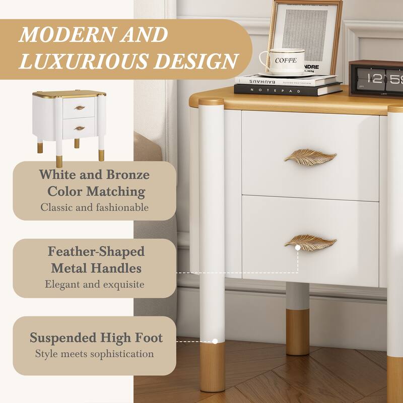 Contemporary 2 Drawers Nightstand with Curved Profile Design, Bedside Table with Metal Feather-Shaped Handles and Exposed Legs