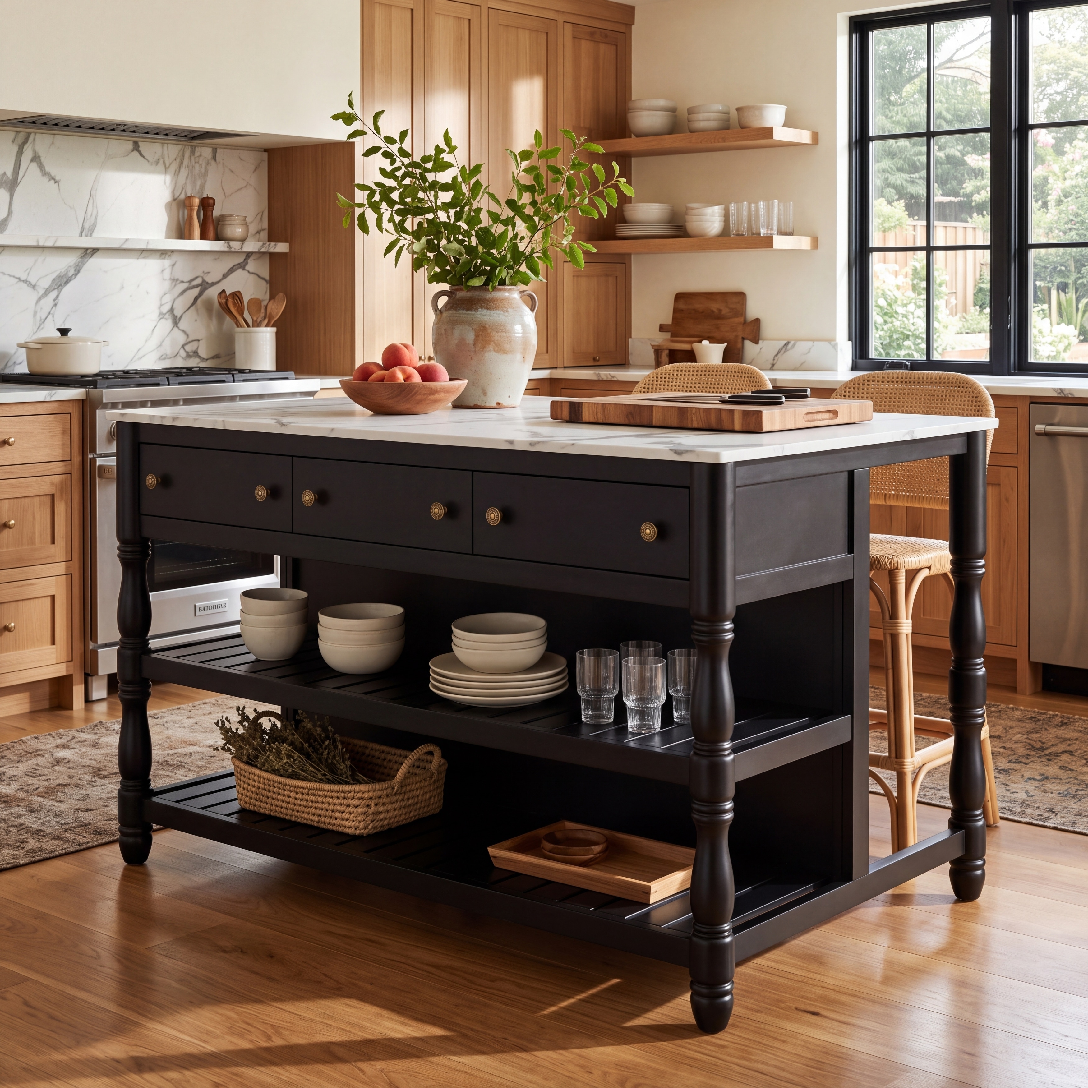 Christopher Knight Home - Vintage Wood Kitchen Island with Faux Marble Top, Storage Drawers & Turned Spindle Legs