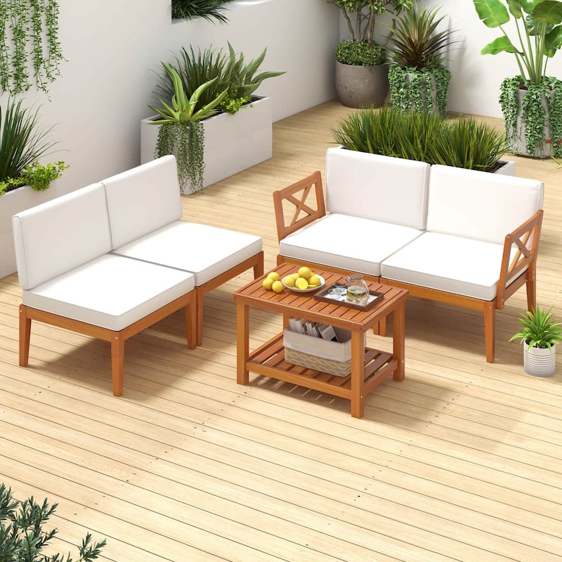 Costway 5 PCS Acacia Wood Patio Furniture Set with Cushions and 2-Tier - See Details - Off White+Natural - See Details