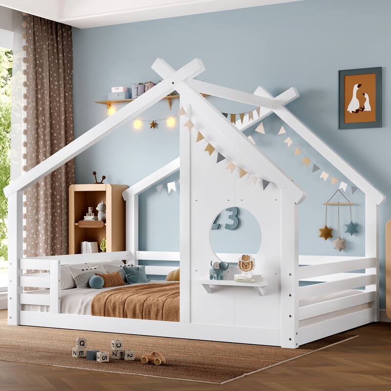 Full/Twin Size House Floor Bed with Window & Shelf, Solid Wood House-Shaped Design - White - Full