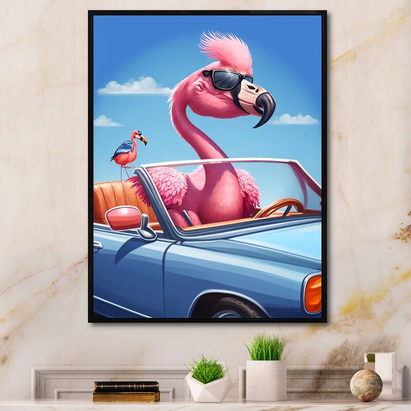 Designart "Pink Flamingo Wearing Sunglasses In Sportscar" Animals Flamingo Framed Canvas Art Print - 30 in. wide x 40 in. high - Black