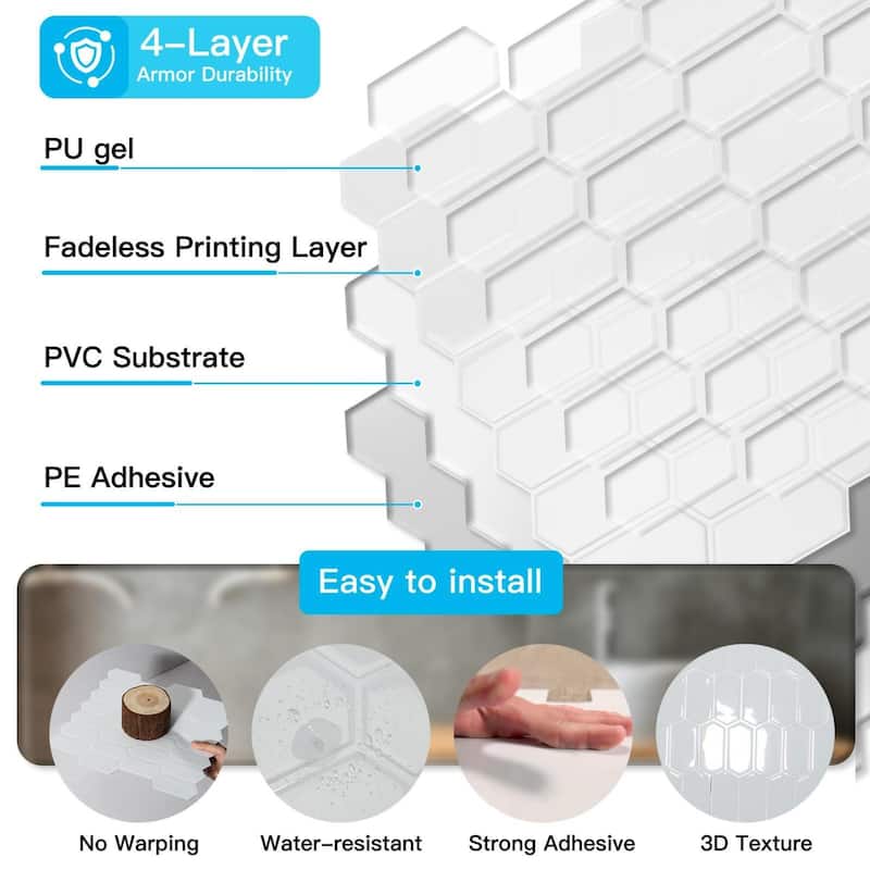 Art3d 10pcs Peel and Stick Backsplash Thickened Wall Tiles, 12''x12'', Cover 10 Sq.Ft.