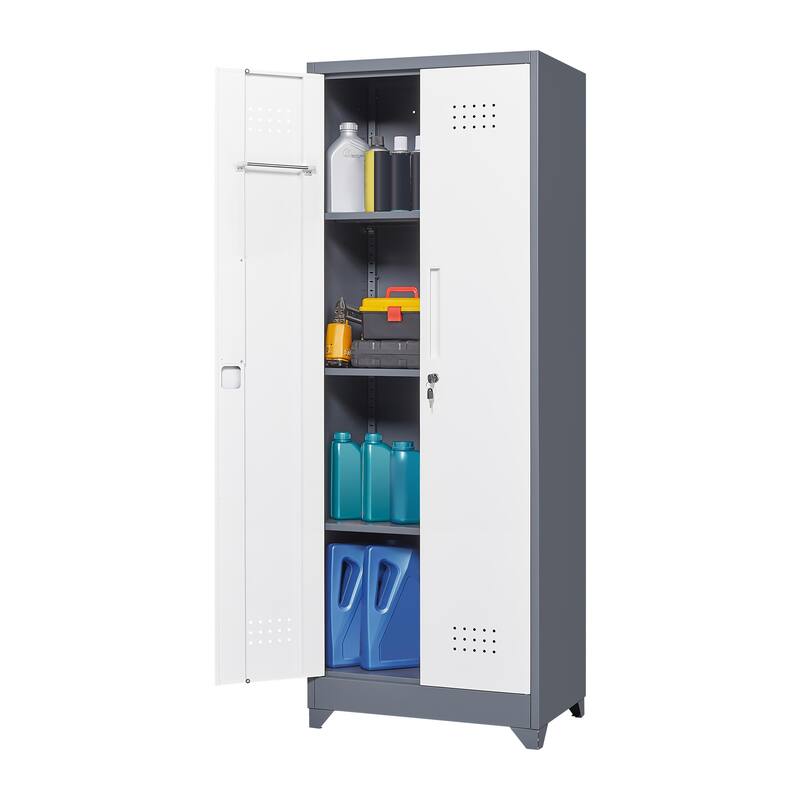 Cleaning Tool Storage Cabinet With Locking Doors And Shelves, Hanging Rod & S-Hooks