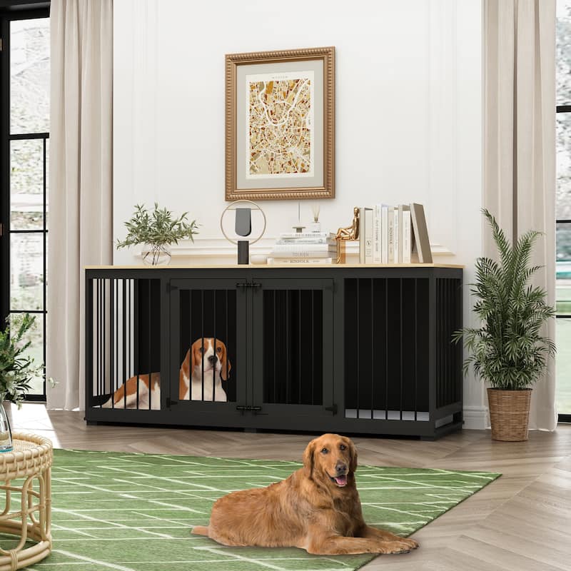 Double door large Dog Cage furniture with Removable Divider Wooden Top