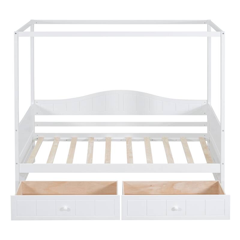 White Twin Size Canopy Day Bed with 2 Drawers and Built-in Backrest