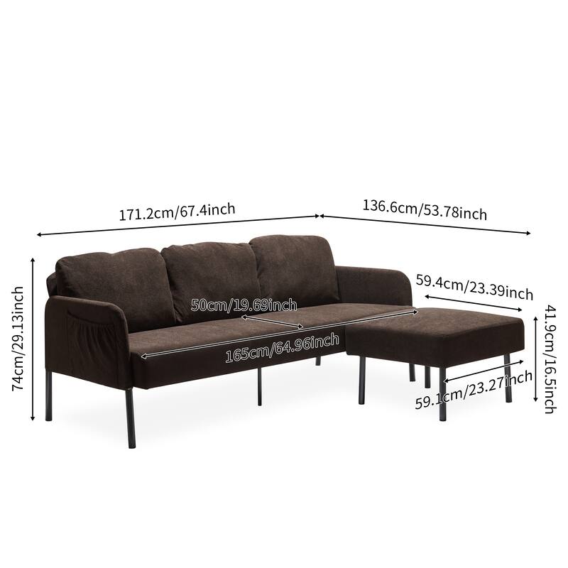 3 Seater L-Shaped Polyester Fabric Sofa with Ottoman, Modern Upholstered Sofa, Comfy Small Couches for Small Space