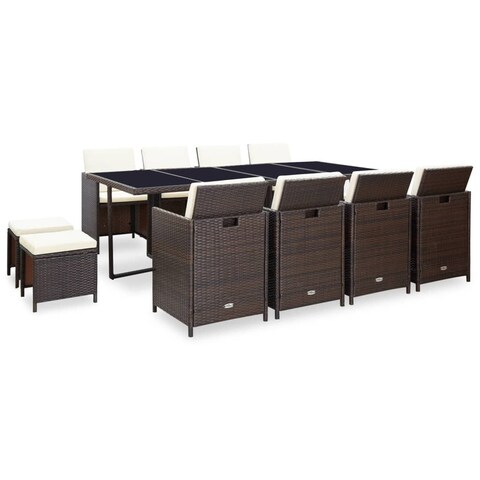 vidaXL 13 Piece Patio Dining Set with Cushions Poly Rattan Brown