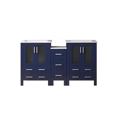 60 in. Navy Blue Double Vanity with White Ceramic Countertop, Side Cabinets, 2 Interior Cabinets, 7 Drawers, Soft Close