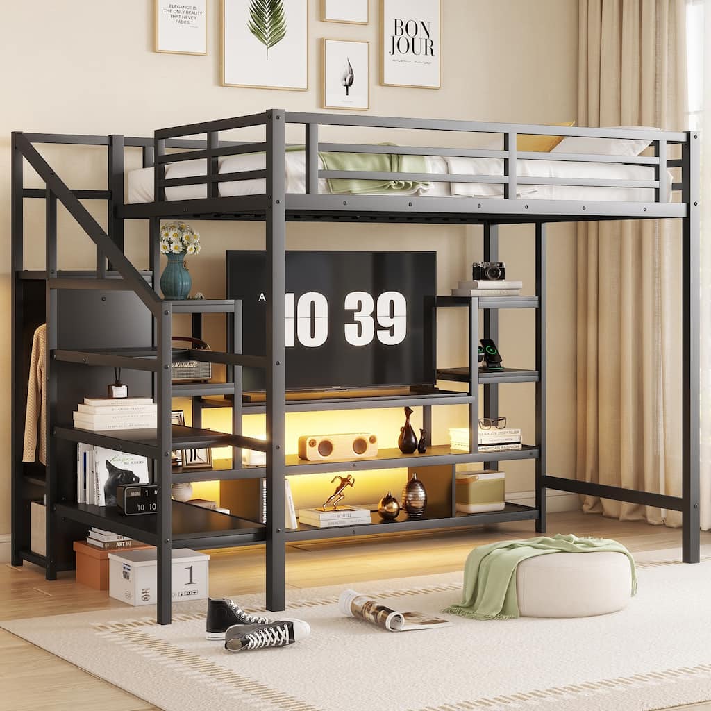 Metal Loft Bed with TV Stand, Metal Loft Bed with Staircase and Wardrobe