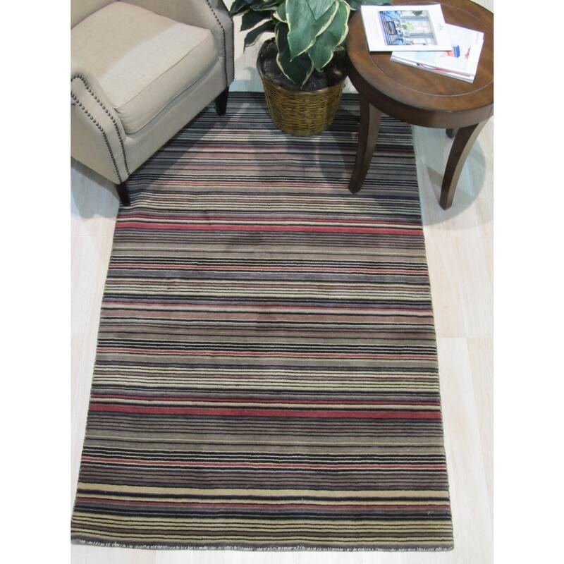 Black/Charcoal Handmade Wool Transitional Striped Rug, 3' x 5' - Durable striped rug with bold neutral tones. - N/A