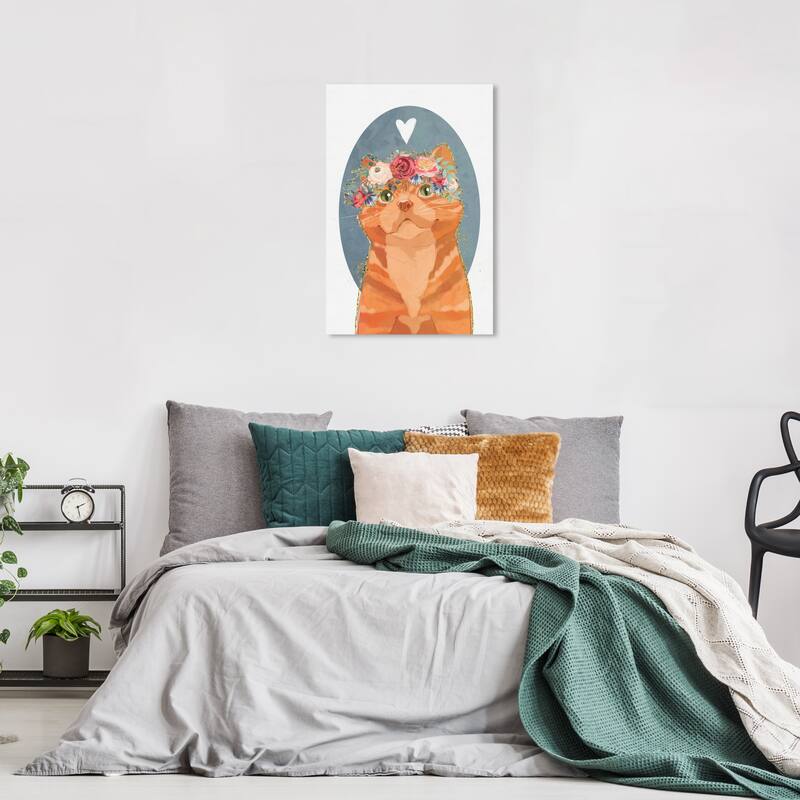 Wynwood Studio Canvas Animals Floral Cat Portrait Orange and Light Orange Modern & Contemporary Wall Art Canvas Print - 24 x 16