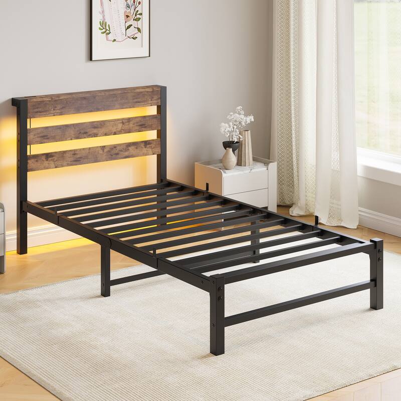 Queen Size Metal Bed Frame with Rustic Brown Wooden Headboard, RGB LED Lights, Charging Station, Storage Shelf, Noise-Free