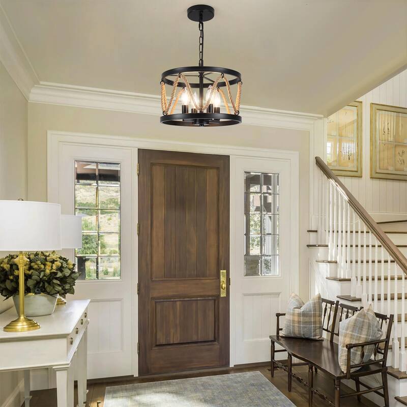 4-Light Drum-shaped Chandelier with Hemp Rope for Kitchen Living Room