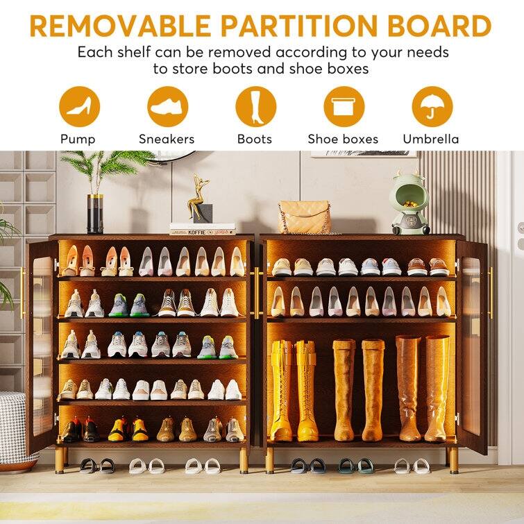 5-Tier Wood Shoe Rack with Acrylic Doors and LED Light for Entryway
