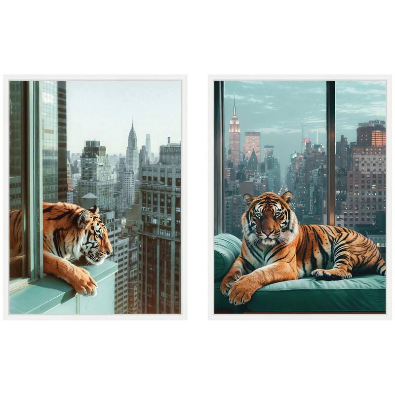 Kate and Laurel Sylvie Urban Tigers in New York Framed Canvas Art Set by Michael Schauer