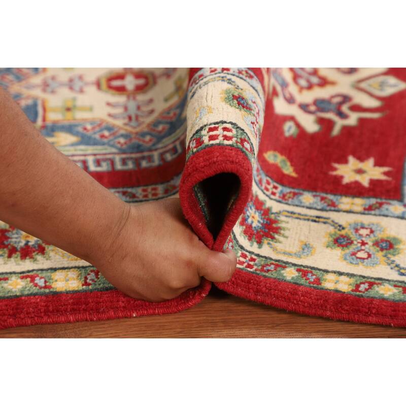 Red Geometric Kazak Foyer Rug Hand-Knotted Wool Carpet - 2'10" x 4'2"