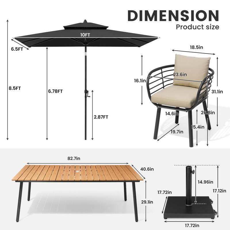 11-Piece Outdoor Patio Dining Set with Sunbrella Cushion Aluminum Dining Table and Chairs w/10 ft Umbrella and Base with Wheels