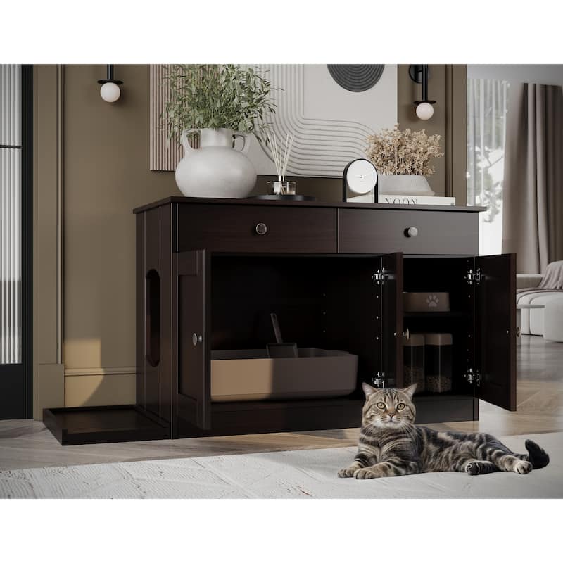 Palace Imports 100% Solid Wood Ziva 3-Door Cat Litter Box Enclosure with 2-Drawers and Litter Catch