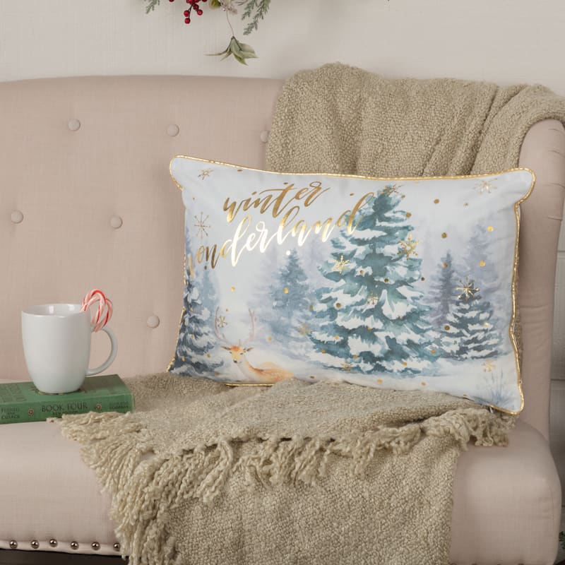 Winter Wonderland Pillow 14x22 - Accent - Pillow 14x22 - Polyester - Soft White/Evergreen/Gold