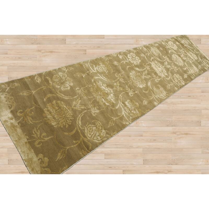 Tone on Tone Green Hand Knotted Botanical Tibetan Rug 2'11"x11'10" - 2' 11'' x 11' 10''