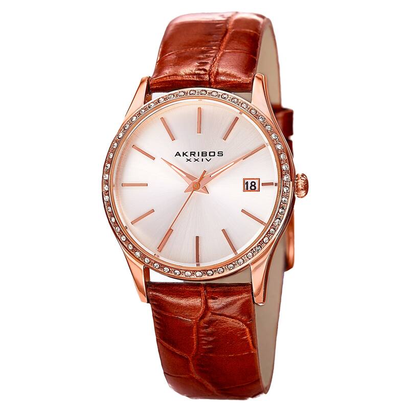Akribos XXIV Women's Minimalist Dial Crystal Accent Leather Strap Watch - Brown/Rose-tone