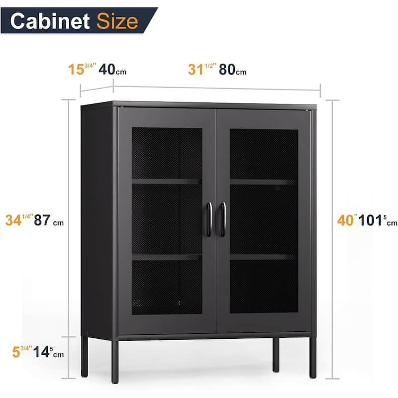 Industrial Steel Storage Cabinet with Mesh Doors, 2 Shelves, Magnetic Closure, 40" Tall Freestanding Organizer