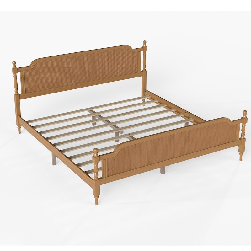 Wooden Platform Bed Bed Frame w/Hand-Woven Rattan Headboard & Footboard, Boho and Mid Century Style Bed Frame, Solid Pine Wood