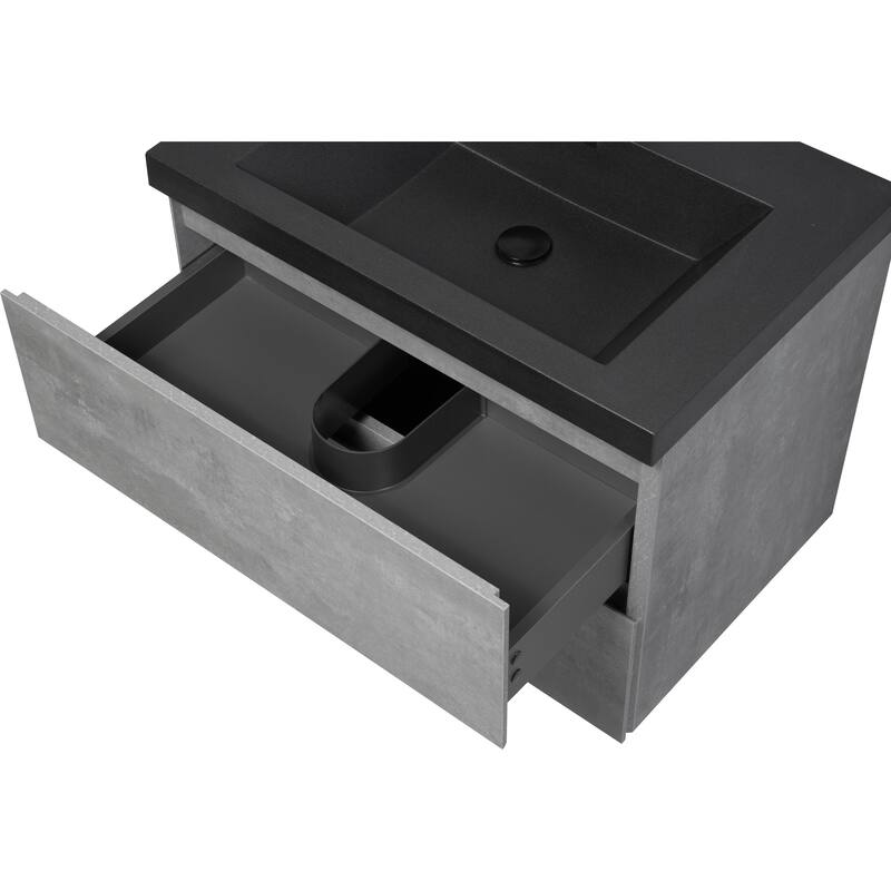 36" Wall-Mounted Floating Vanity with Premium Quartz Sand Basin, Grey Modern Storage Cabinet