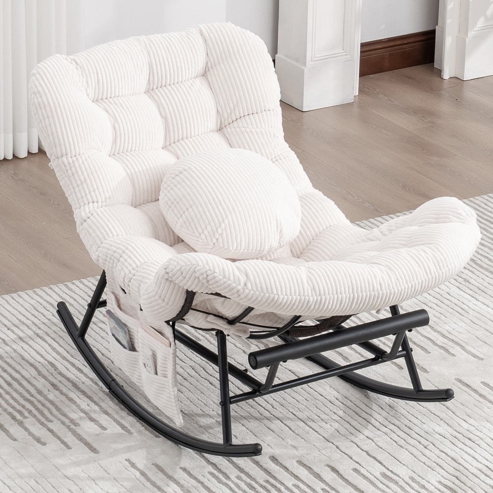 HOMEFUN Corduroy Upholstered Egg Shaped Design Steel Frame Rocking Chair with Side Pocket and Foot Pedal