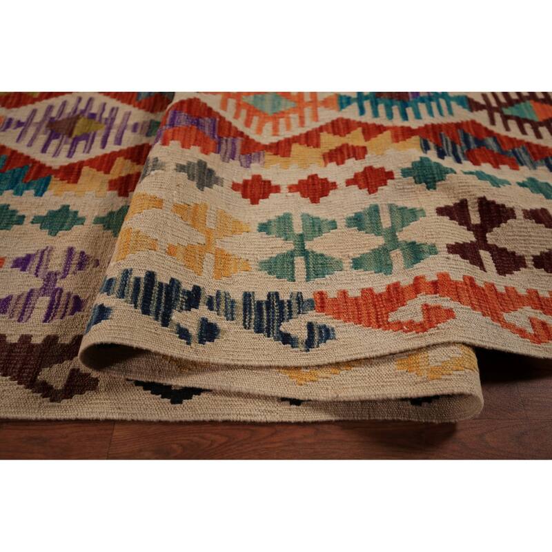 All-Over Geometric Kilim Oriental Large Rug Flatweave Wool Carpet - 10'3" x 16'6"